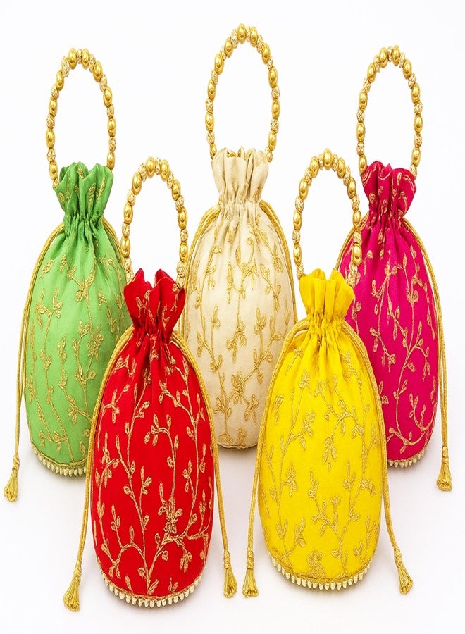 Timatim Women’s Embroidered Potli Bag | Return Gift Potli for Wedding, Haldi Kumkum, Pooja, Navratri & Festive Events | Silk Potli with Pearl Handle & Golden Thread Work (10) - Image 1